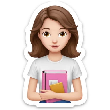 pale woman with wavy brown hair, white t-shirt, holding a pink Bible, friendly expression sticker