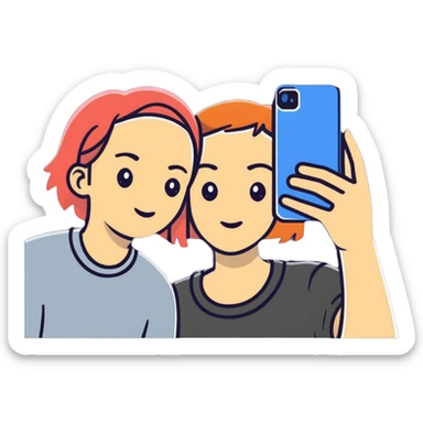 Two best friends taking a selfie together with Instagram frame, holding a phone, Instagram worthy sticker