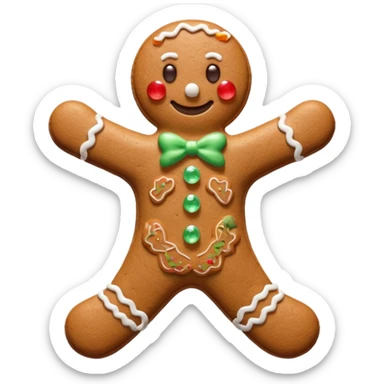 3D render of Gingerbread Man, made entirely of dessert materials, glistening sugar crystal texture, baked brown cookie texture with white icing details, delicious confectionery aesthetic, Apple emoji style, isolated on white background --v 6.0. sticker