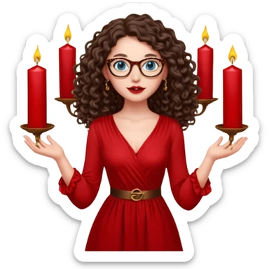 a blue eyed woman with very long brunette curly hair, full lips,and really pale skin. She is wearing a leopard printed thin round-ish glasses . She is wearing fully plain silky red dress. She is flying on the air. There are candles and sculptures and red roses all around her. She is making a magic. sticker