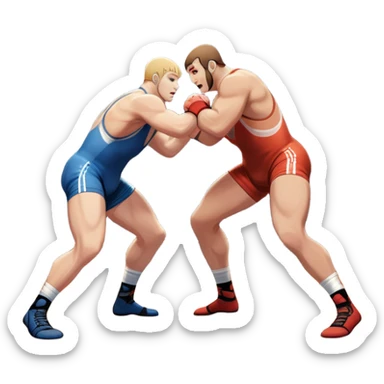 An icon featuring two wrestlers engaged in a fierce bout of freestyle wrestling. One wrestler is performing a lift, while the other tries to counter with a defensive move. The background showcases a wrestling mat with bright spotlights and a dynamic atmosphere. Transparent background sticker