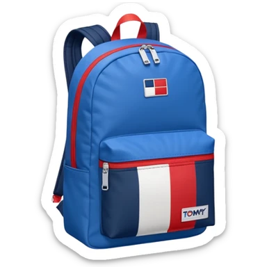 simple blue backpack, at the bottom pocket there is a  one tommyjeans logo featuring a Tommy Jeans-inspired logo. The logo looks like a vertically-flag in red, white. The flag stripes are vertical, not horizontal. Flat

 sticker
