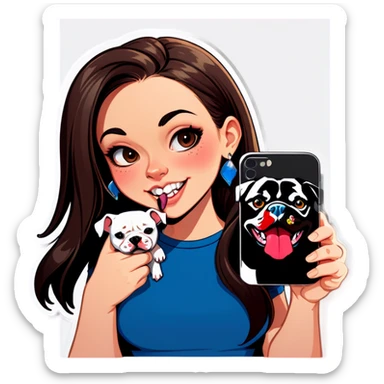 Slightly overweight beautiful girl with choppy long dark hair with her nose piercing and her black iPhone with her her pet pit bull girl with an underbite layed next to her sticker