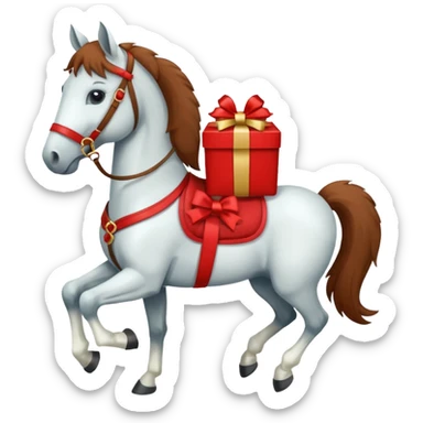 a New Year's horse with a red saddle, which has a red gift box with a white bow on the saddle sticker