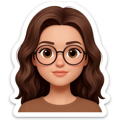 Faça uma menina de olhos grandes lábios um pouco fino, cabelos longos levemente ondulados castanhos com olhos castanhos pele morena e com óculos sticker