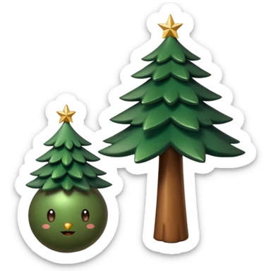 Un emoji représentant un petit sapin stylisé, sans bouche, avec deux grands yeux de biche brillants couleur cannelle. Style minimaliste, mignon et expressif, comme un sticker ou un emoji moderne. Fond parfaitement transparent, haute qualité, bien centré. sticker