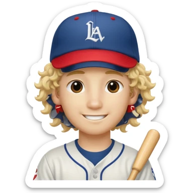 blonde boy with long curly hair past his hears and a LA baseball hat in japanese, smiling sticker