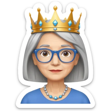 Older woman Wearing a crown shoulder length gray hair blue rectangular glasses  sticker