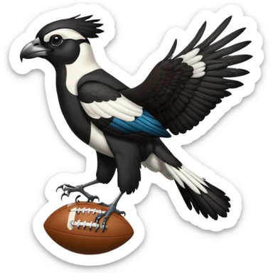 A magpie standing on top of a hawk that's tiered and the magpies holding a afl ball sticker
