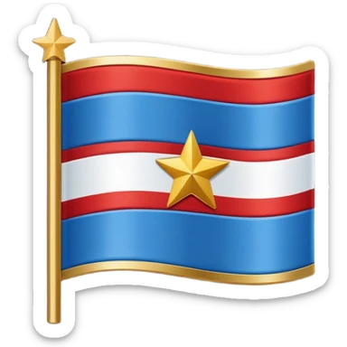 Flag with horizontal blue stripe, then horizontal white stripe, then horizontal red stripe. Red star in the middle outlined in gold  sticker