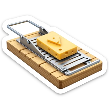 A 3D emoji in iOS emoji aesthetic style of a classic mousetrap with a wooden base and a metal spring mechanism, holding a small piece of yellow cheese, clean and detailed design, white background, glossy Apple-style rendering sticker