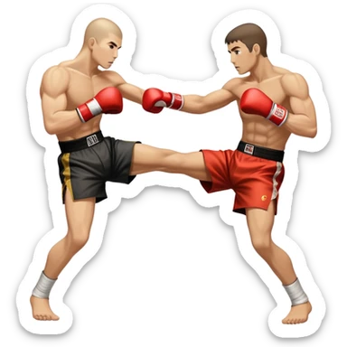 n icon showcasing a kickboxer in action, using precise techniques with both feet and elbows. One fighter delivers a powerful kick to the opponent's legs, while the other counters with an elbow strike. The background features a ring and a dynamic atmosphere. Transparent background  sticker