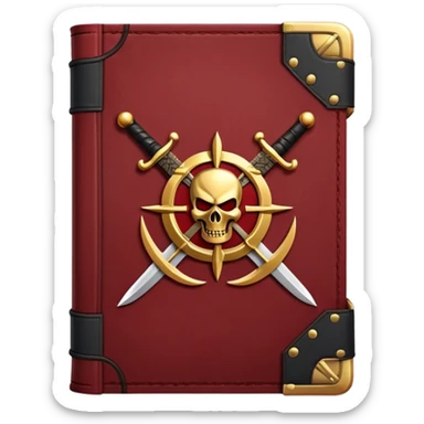 A dark crimson red book with black and gold details, a rugged leather texture, and an emblem of crossed swords, a knight chess piece, or a battle flag, radiating strategy, discipline, and the art of power sticker