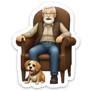 Old man sitting in chair with a dog on lap sticker