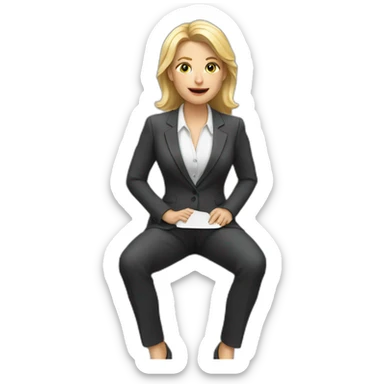 Blonde white woman wearing a suit sitting on the table telling the news towards the camera sticker
