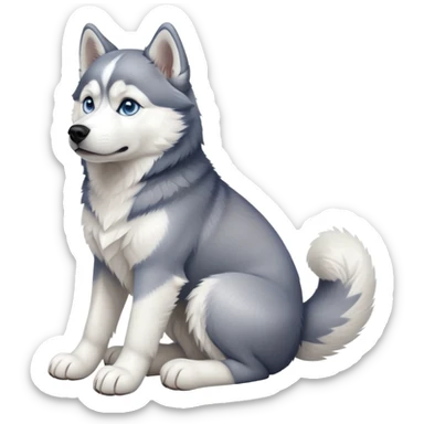 cinematic-[siberian husky]-realistic-full-body-sitting-emoji,-tail-resting-loosely-beside-its-paws,blue eyes-head-tilted-dramatically, -fluffy-[grey and white]-fur,-simplified-yet-realistic-focused-features,-highly-detailed,-glowing-with-an-almost-sarcastic-glow sticker