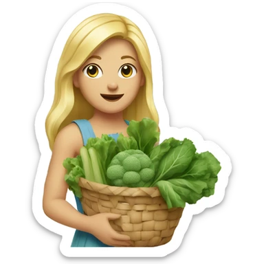 Girl with blonde hair and blue eyes wearing a sleeveless sundress and carrying two baskets of vegetables and greens sticker