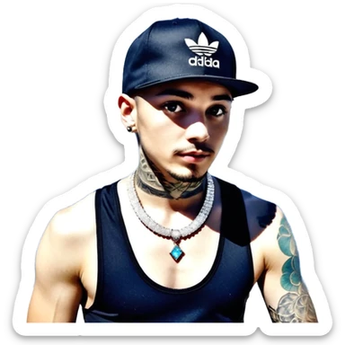 🥷🏻 crea un emojin de como el que está ay pero con gorra marca adida y un collar de diamantes ponle tatuaje en la cara y en la boca ponle brazos qué sea onbre y que se parezca ah este emojin🥷🏻🥷🏻🥷🏻 hombre sticker