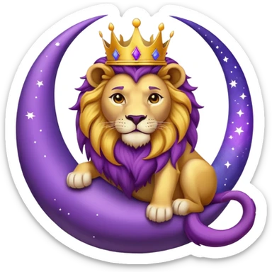 Lion with a crown sitting on a purple crescent moon  sticker
