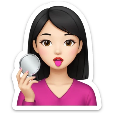 black haired asian girl putting on lipgloss while holding a compact mirror sticker