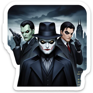 Icon for Thriller Movies: A large, dramatic collage featuring sinister villains in dark clothing. The background shows the gloomy cityscape of Gotham, with dim lighting and eerie shadows. The atmosphere should be tense, mysterious, and suspenseful. Transparent background. sticker