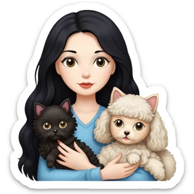 Lady with long black hair, with a Ragdoll cat and a small poodle  sticker