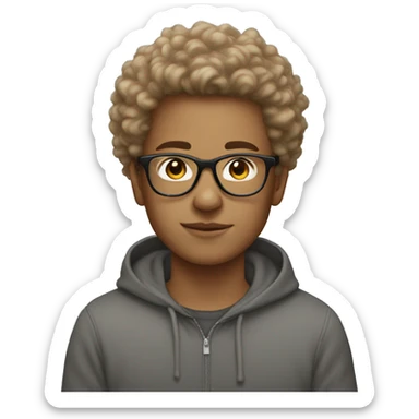 White Teen with light brown fluffy hair on top with glasses wearing a school sweatshirt sticker