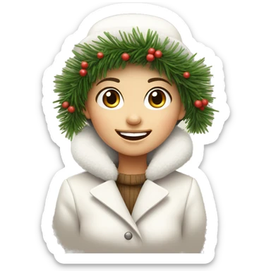 A smiling girl in winter in a white fur coat and a hat without fur with a paper bag in which the branches were spruce sticker