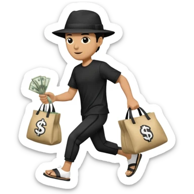 Make a man wear a black pant and he shirt is balck line and white line and wear a black hat and he holding a money bag and he running he wear a black eye thing no money in the Left hand and he yellow and the money bag in the right he wear a flip flop like this is Money bag 💰 NO MONEY sticker