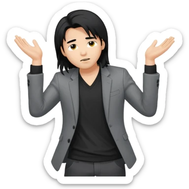 asian young man with long black hair falling on the forehead in grey blazer and black t-shirt  sticker