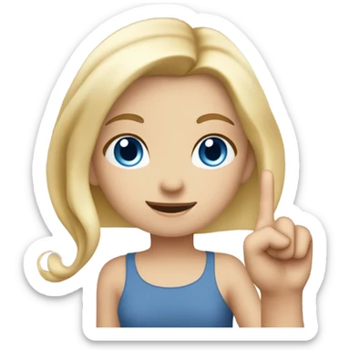 Girl with blonde hair and blue eyes is holding up  finger ￼ sticker