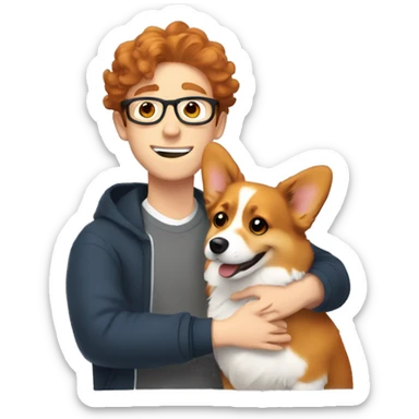 A young man with wavy hair and thin eyeglasses hugs a red-haired corgi sticker