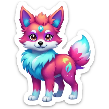 Vibrant multicolored neon-colored Falvie-Fionbri-creature-sparkle-dog-fursona, full body sticker