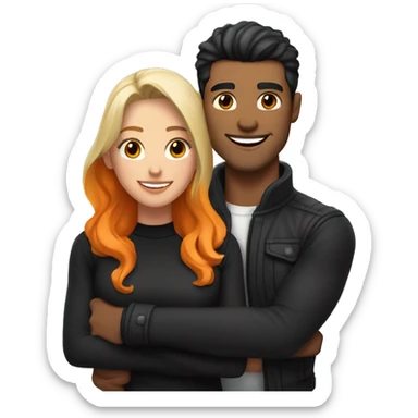 A muscular, well-shaped, slightly brunette man wearing a black jacket and a woman with light blonde and orange hair hugging him. sticker