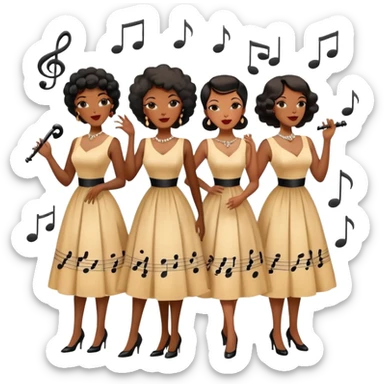 a group of Black women jazz singers in retro style, harmonizing with musical notes sticker