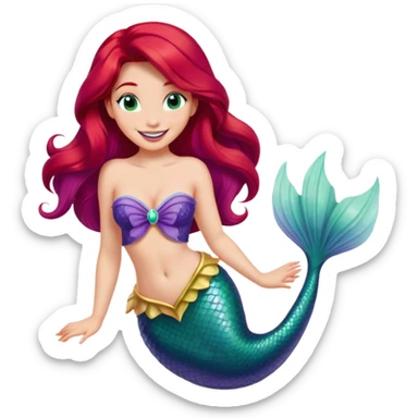 Disney Ariel mermaid with long red hair, green tail, and purple seashell top, smiling sticker