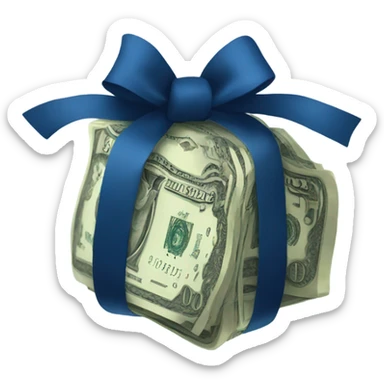 a bundle of money tied with a dark blue bow sticker