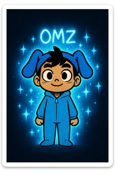 Extract the blue character (OMZ) from the group in the reference image, keeping the picture quality and style exactly the same. Add a glowing blue aura and sparkles around the character to make it stand out, preserving the original style and details. sticker