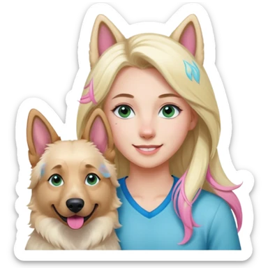 White European young woman with blue-green eyes and long blond hair with 1 pink streak in her hair with her white German Shepherd dog with pink nose and short fur sticker