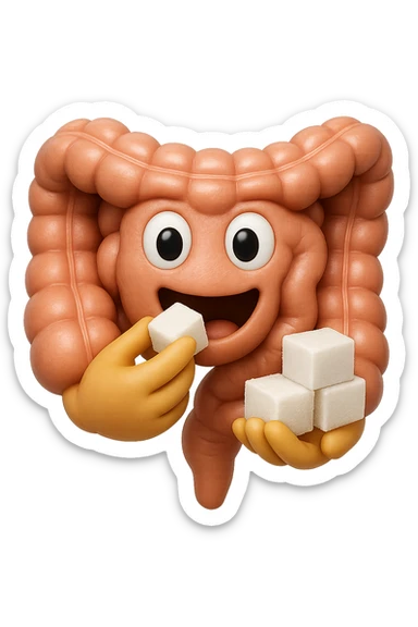 emoji stile iphone di un intestino anatomico che mangia zollette di zucchero, iperrealistico 4k, isolato su sfondo bianco sticker