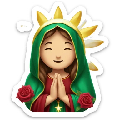 Virgin Mary: kind face looking down at the left, long brown hair, Wearing an emerald green  robe with gold stars and a burgundy red dress,  Hands in prayer or blessing. Halo around her head. standing in front of a big sun. colorful roses on the sides  sticker