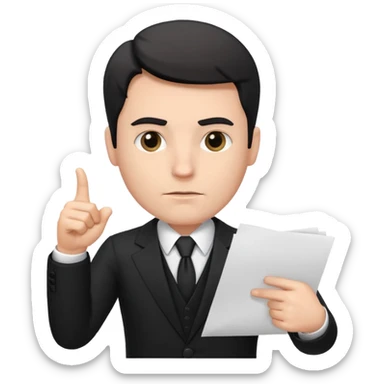 A white man in a black suit stands with a serious face and points at his hand holding papers. sticker