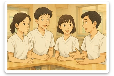 Four nursing students in a team, discussing in a care station, white short-sleeve medical tunics with V-neck and left chest pocket, no collar stand, no stethoscopes, nothing protruding from sleeves, characters with features from four new photos, style Ghibli sticker