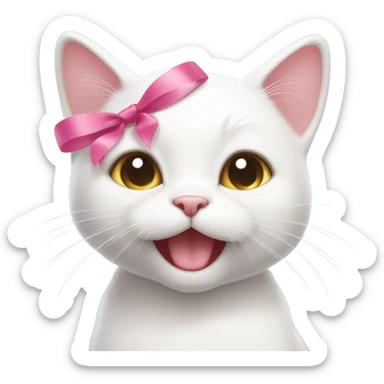 White cat smiling cutely with a cute pink ribbon on her head  sticker