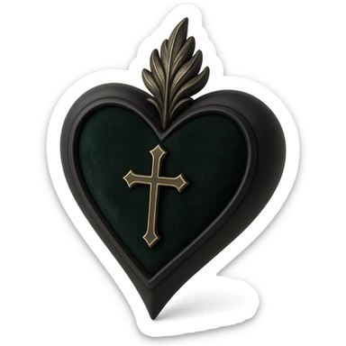 3D black style gothic heart, dark emerald velvet, silver cross, feather details, lush and gothic sticker