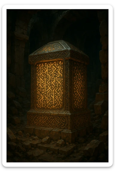 Ancient artifact with mysterious runes, glowing, Tomb Raider style, treasure vibe, no text sticker
