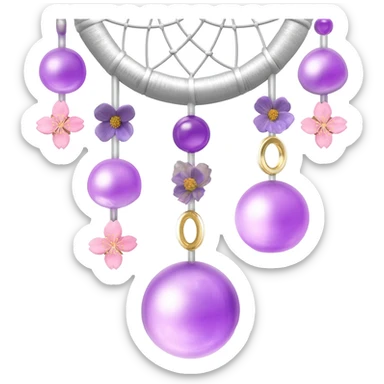 A silvery-white Dreamcatcher. with purple-round-orbs, gold-rings hanging down. purple flowers, pink sakura flowers, sticker