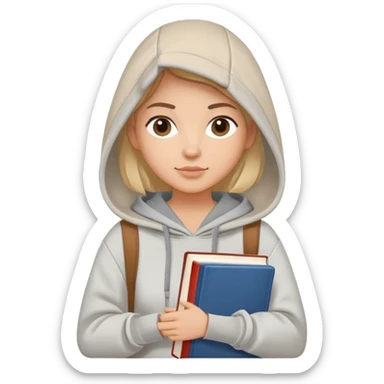 A flat-style illustration of a woman college student with a tote bag over her shoulder and a book in one hand. The student wears a hoodie. Clean cartoon style, white background, iOS emoji aesthetic. sticker