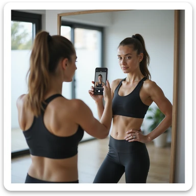 young woman in modern sportswear, standing pose in front of mirror in a bright room, doing a video check with smartphone for her coach, showing physical fitness, concentrated expression, hyperrealistic details, 4K, tidy and motivational environment sticker