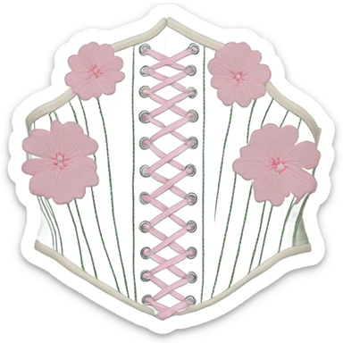 Sage green corset with pink flower embroidery, isolated sticker